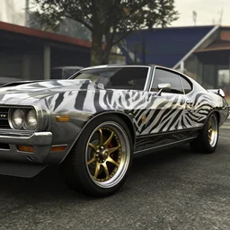 1968' GTO with zebra paint golden spokes on the wheels in gran turismo, unreal engine, GTA V, 8k,