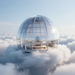 a glass dome house in a cloud, designed by zaha hadid, futuristic, in a cloud, octane render, ray tracing