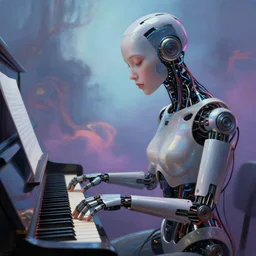 cyborg machine is playing the piano, wires bare, beautiful face, dreamscape, digital painting, concept art, 8 k