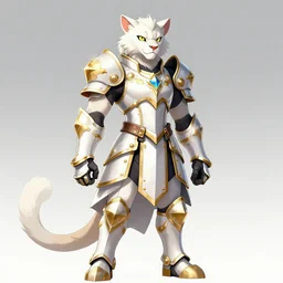 albino anthro mountain lion wearing white and gold magical fantasy armor. breastplate, gauntlets, pants, greaves, skirt. fursona, anthro, anime key visual, detailed armor, makoto shinkai, portrait
