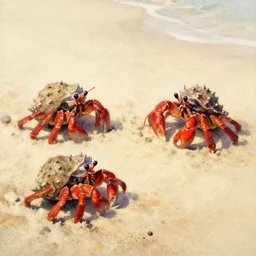a beautiful painting of three red hermit crab on sandy beach, watercolor, american romanticism