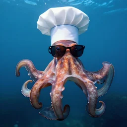 cephalopod, chef hat on top of head, wearing sunglasses, under water, 8 k, art station, greg rutkowski, alphonse mucha, roger deakins