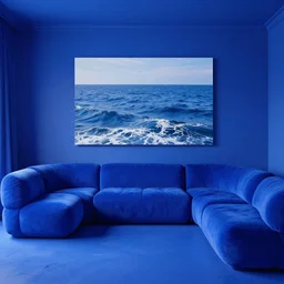 ultra wide photo the ultimate essence of blue, a residential interior that's completely a solid bright blue on every surface and every item, blue personified, thick overflowing paint and poofy blue couches, really really really blue. a large photograph on the wall is a picture of blue ocean waves. blue, blue, more blue, photorealistic, hyperreal