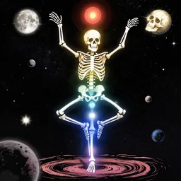 illustration of a chakra skeleton dancing in space. in a Tekashi murakami, manga style.