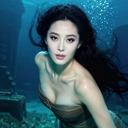 fan bingbing as a chinese warrior princess underwater in the ruins of atlantis, styling by Tom Eerebout & Sandra Amador, clear makeup, clean hair, dry skin, clear skin, airbrushed, bright eye makeup, warrior body, photo by mario testino, 8k octane render, cinematic, hyper detailed, micro details, insanely detailed, trending on artstation, concept art
