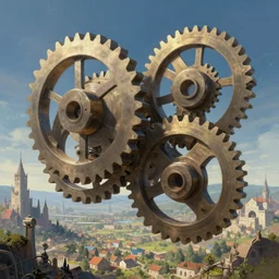 giant interlocked cogs sprockets gears cogs, giant geometric mechanisms structures floating in space, industry, villages castles, buildings vista artstation illustration sharp focus vista painted by ruan jia raymond swanland lawrence alma tadema zdzislaw beksinski norman rockwell tom lovell alex malveda greg staples