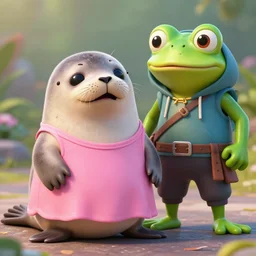a happy sappy seal dressed in a pink dress standing next to a frog warrior with hoodie on, hyperrealistic, extremely detailed, 8 k, octane render, trending artstation