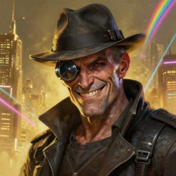an intimate portrait of a gnarly human cyberpunk captain, old skin, faded fedora, charming, strong leader, metal eye piece, a look of cunning, big smile, detailed matte fantasy painting, golden cityscape, lasers, sparks, rainbow neon