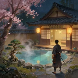 painting of lone male warrior in private magical empty onsen next to japanese inn with levitating lanterns and flowers by greg rutkowski craig mullins ross tran mucha cozy hot springs bonsai zen garden steamy flowers japanese motifs concept art clear focus fantasy specular lighting unreal engine lumen trending on artstation