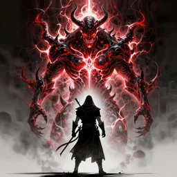 a lone warrior achieving symbiosis with his inner evil alter ego 2022 abyssal  resonance black glowing red and white fractal insanity hyperbeast by Brock Hofer digital art, ArtStation  GTA cover comics style  by James Gurney and beeple   global illumination Volume lighting Pixar and Disney tone mapping