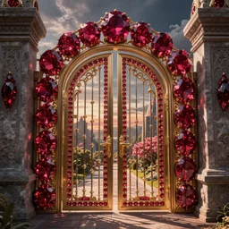 A gate made of ruby gems, fantasy, digital art, HD, detailed.