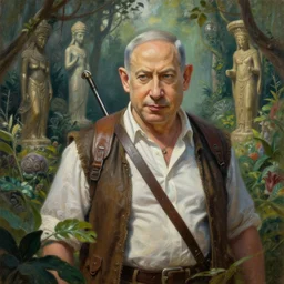 insanely detailed painting of benjamin netanyahu as an explorer, exploring a forbidden garden old gods, depth of field, natural lighting, high contrast art, benjamin netanyahu, by tim hildebrandt