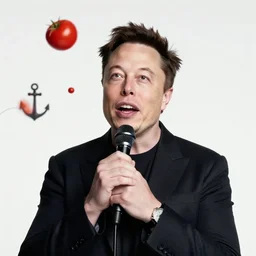 elon musk singing with a microphone on americas got talent, tomatoes and anchors being thrown at him, 4 k photograph