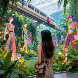 a vibrant dream of one beautiful woman wearing gucci from behind looking through a museum of the world's best digital art, lush plants, monorail, glowing lights, high fashion, magic details, by moebius, edward hopper, james gilleard, and james jean, hd, 8 k, anatomically correct, trending on artstation, uhd,