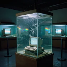 an abandoned forgotten liminal lonely cracked aquarium, old retro museum exhibition, 1 9 8 0 s computers, computer monitors, illuminated displays of computer screen savers, rainbow refraction of light through glass, museum stanchions, photo taken on fujifilm superia film, aquatic devices