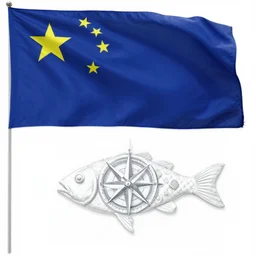 blue flag with white rose compass made out of fish