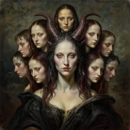 cinematic masterpiece bust portrait of a gothic degenerate cyberpunk trader demon goddess with ten heads, head and bust only, by Wayne Barlowe, by Leonardo DaVinci, by Tim Hildebrandt, by Bruce Pennington, by Zdzisław Beksiński, by Paul Lehr, oil on canvas, masterpiece, trending on artstation, featured on pixiv, cinematic composition, astrophotography, dramatic pose, beautiful lighting, sharp, details, details, details, hyper-detailed, no frames, HD, HDR, 4K, 8K
