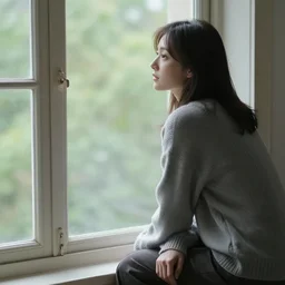 a woman sitting on a window sill looking out the window, grey sweater, a stock photo by chen jiru, tumblr, aestheticism, movie still, pretty, pixiv