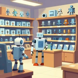 a store selling robots and robot parts, from a lucasarts point and click 2 d graphic adventure game, art inspired by thomas kinkade