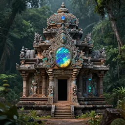 ancient temple carved in opal, desolate and lush landscape, moody, :: by Jeff Koons, Dan McPharlin Daniel Merrian :: ornate, dynamic, particulate, rich colors, intricate, elegant, highly detailed, centered, artstation, smooth, sharp focus, octane render, 3d