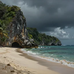 photorealistic painting of turtle bay beach jamaica, sharp cliffs, island with cave, dark, atmospheric, brooding, smooth, finely detailed, cinematic, epic, in the style of larry elmore