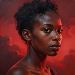 a painting of a lantina girl by Kara Walker . details, smooth, sharp focus, illustration, realistic, cinematic, artstation, award winning, rgb , unreal engine, octane render, cinematic light, macro, depth of field, blur, red light and clouds from the back, highly detailed epic cinematic concept art CG render made in Maya, Blender and Photoshop, octane render, excellent composition, dynamic dramatic cinematic lighting, aesthetic, very inspirational, arthouse.
