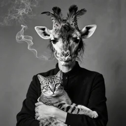 photographic portrait max ernst sad woman giraffe feathers face cigarette smoke, holding a cat