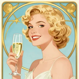 art nouveau, blonde woman, a glass of champagne, cheerful, bright, clear colors, 1 9 4 0 s haircut