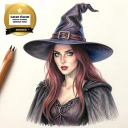 colored pencil art on paper, pretty witch, by casey weldon, highly detailed, artstation, masterpiece, award - winning, caran d'ache luminance