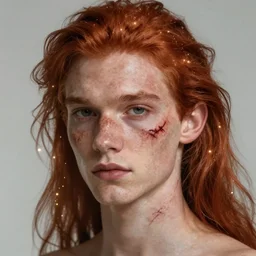 portrait of a thin young man with long red hair, a big scars, big gash on face, freckles on his face, intricate, elegant, glowing lights, highly detailed, digital painting, artstation, concept art, smooth, sharp focus, illustration