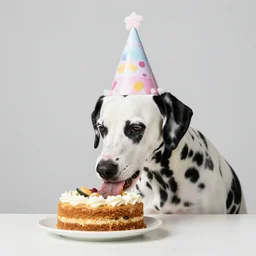 photo of dalmatian dog with birthday hat eating a birthday cake,