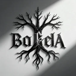 black metal band logo, metal font, unreadable, black and white, roots, tree branch silhouette