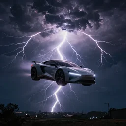 futuristic flying car emerging from a circle of lightning in the sky, thunderstorm at night, 28mm dramatic photo