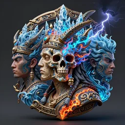 3 d ornate carved shaman with tattoos profile portrait, sigma 5 0 0 mm f / 5. beautiful intricate highly detailed quetzalcoatl skull. bioluminescent, plasma, lava, ice, water, wind, creature, thunderstorm! artwork by tooth wu and wlop and beeple and greg rutkowski, 8 k trending on artstation