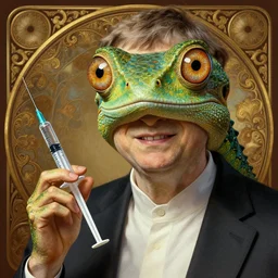 bill gates with reptile eyes!!!, vertical pupil!!!, lizard skin, holding a syringe!!, portrait, intricate, elegant, highly detailed, digital painting, artstation, concept art, wallpaper, smooth, sharp focus, illustration, art by h. r. giger and artgerm and greg rutkowski and alphonse mucha