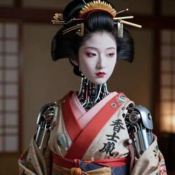 portrait of a beautiful japanese robotic geisha with wires and actuators, kanji tattoos and decals, dramatic lighting, hyper - realistic, ultra - realistic, intricate details, japanese model, 8 k ultra high definition, octane render