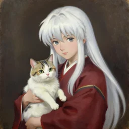 classical oil painting of white haired hakurei reimu holding a cat