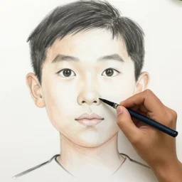 a photograph of a person, the right side of the face is drawn by a kid
