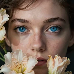 beautiful flowers by greg rutkowski, penelope ives from penny dreadful, vesper lynd from casino royale, blue eyes, proportional perfectly detailed eyes pupils, artstation hq