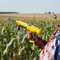 patriot holding a yellow nailgun in a corn field, fbi in distant background, 8 k photograph, corpse martyred blood