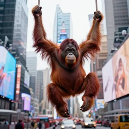 a picture of a orangutan swinging in nyc times square, photorealistic