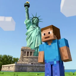 mincraft steve at the statue of liberty, 4 k, photography, portrait, videogame