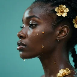hyperrealistic precisionist cinematic profile very expressive! black oshun goddess, in water!! up to shoulders, mirror dripping droplet!, gold flowers, highly detailed face, digital art masterpiece, smooth eric zener cam de leon, dramatic pearlescent turquoise light on one side, low angle uhd 8 k, shallow depth of field