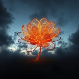 a gigantic glowing golden wire sculpture of a flower, in a nebulous black sky
