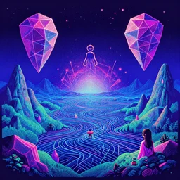 the introvert paradise, neon geometric inks painting, polygonal joy and loneliness in levitating landscapes, sci - fi, fantasy, detailed 3 2 - bit pixel - art, isometric meandering