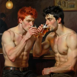 attractive muscular male with red hair with muscular attractive male with black hair, drinking their hearts out, in a pub. very defined and highly detailed painting by gaston bussiere, j. c. leyendecker, craig mullins 8 k