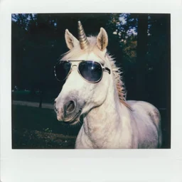 grainy head to shoulder portrait polaroid film photograph of a unicorn in a national state park wearing aviator shades. super resolution. surreal. extremely detailed. polaroid 6 0 0 film. by annie leibovitz and richard avedon
