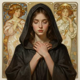 Portrait of a young woman wearing a hooded robe, in a trance, non-centered shot, unique, intricate, elegant, highly detailed, digital painting, artstation, concept art, smooth, sharp focus, illustration, art by artgerm and greg rutkowski and alphonse mucha, by beksinski