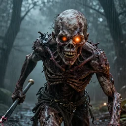 Eddie the Head in pristine detail his skin mummified and leathery his teeth bare and stained with decay his corpse eyes aglow like burning embers he shambles forward brandishing a bloody weapon while the surprising violent weather lights the scene in an uncanny style, literal, realistic, macabre,