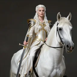 a fantast beauty full body detailed portrait candice swanepoel as galadriel, on a white horse, with a curved sword, platinum white wavy long hair, white headband in the front with diamonds, jewelry body armor in golden and silver colors, pointy ears, detailed, epic masterpiece of cinematographic hyperrealism, realistic shaded lighting poster by craig mallismo, artgerm,
